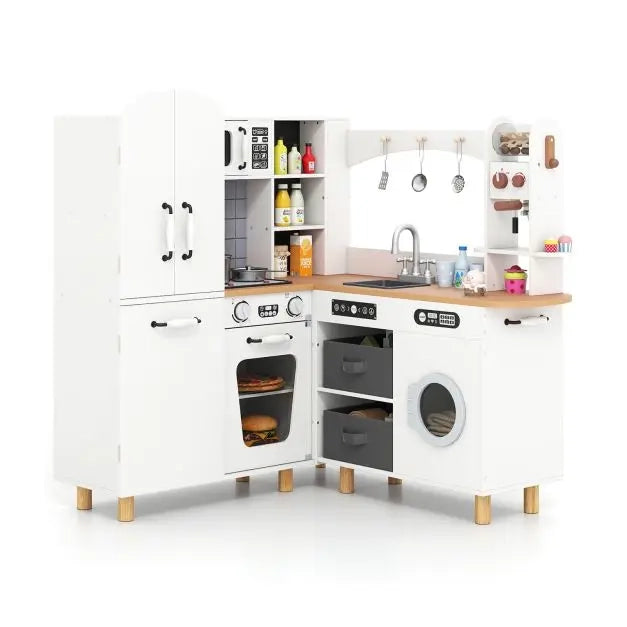Cucina Giocattolo Angolare per Bambini in Legno con Gambe in Pino Luci e Suoni Bianco Salvaspazio