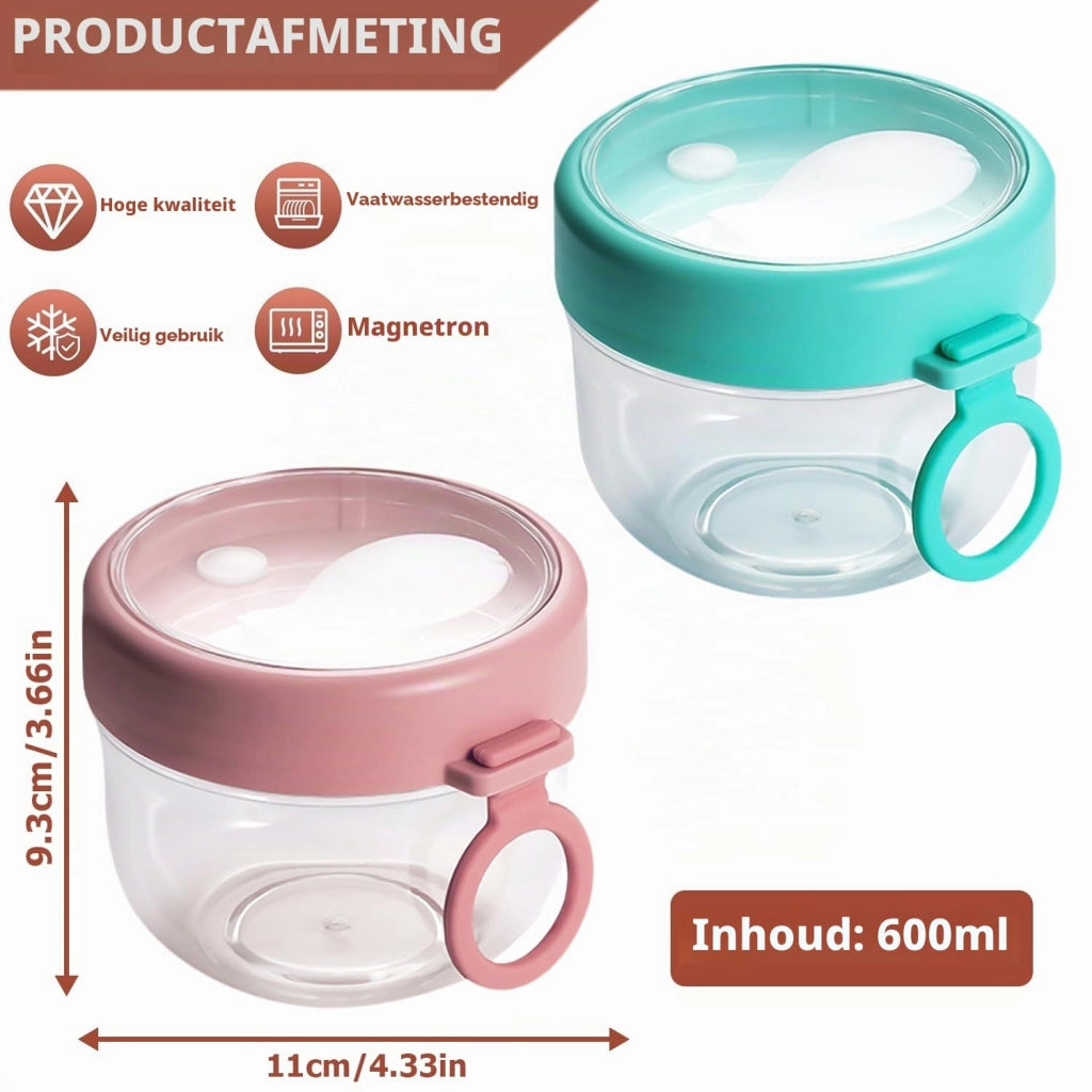 Set di 2 contenitori per muesli da portare con sé, capacità 600 ml, a prova di perdite, con cucchiaino, colore rosa e ciano