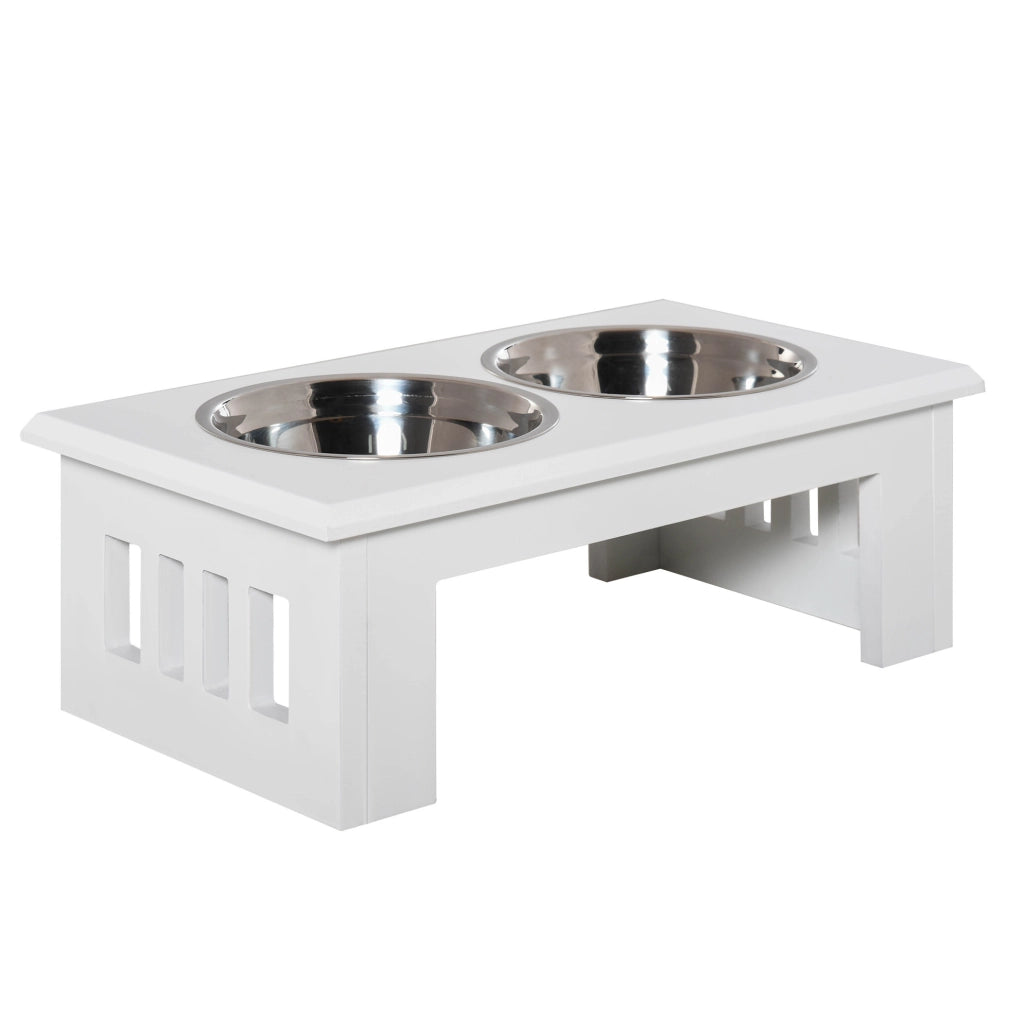 Ciotola rialzata per cane 58,4x30,5x25,4 cm MDF bianco con 2 ciotole inox