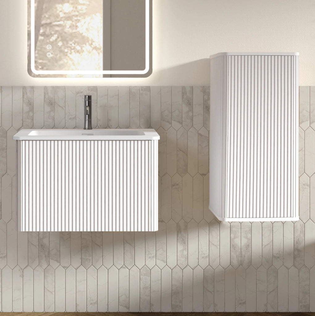 Mobile lavabo 60 cm bianco sospeso con lavabo e colonna laterale, bagno