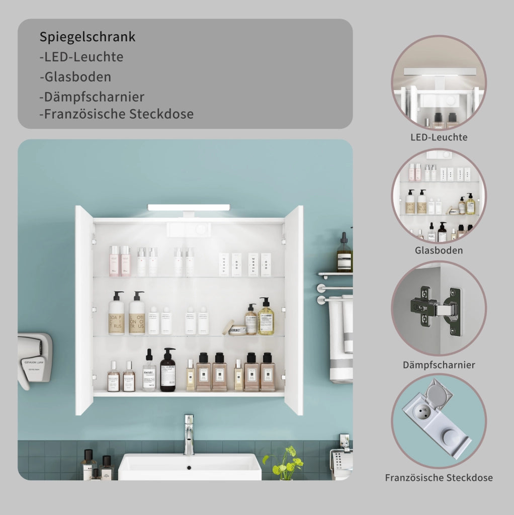 Mobile specchio bagno bianco 80 cm a 2 ante con LED e presa francese