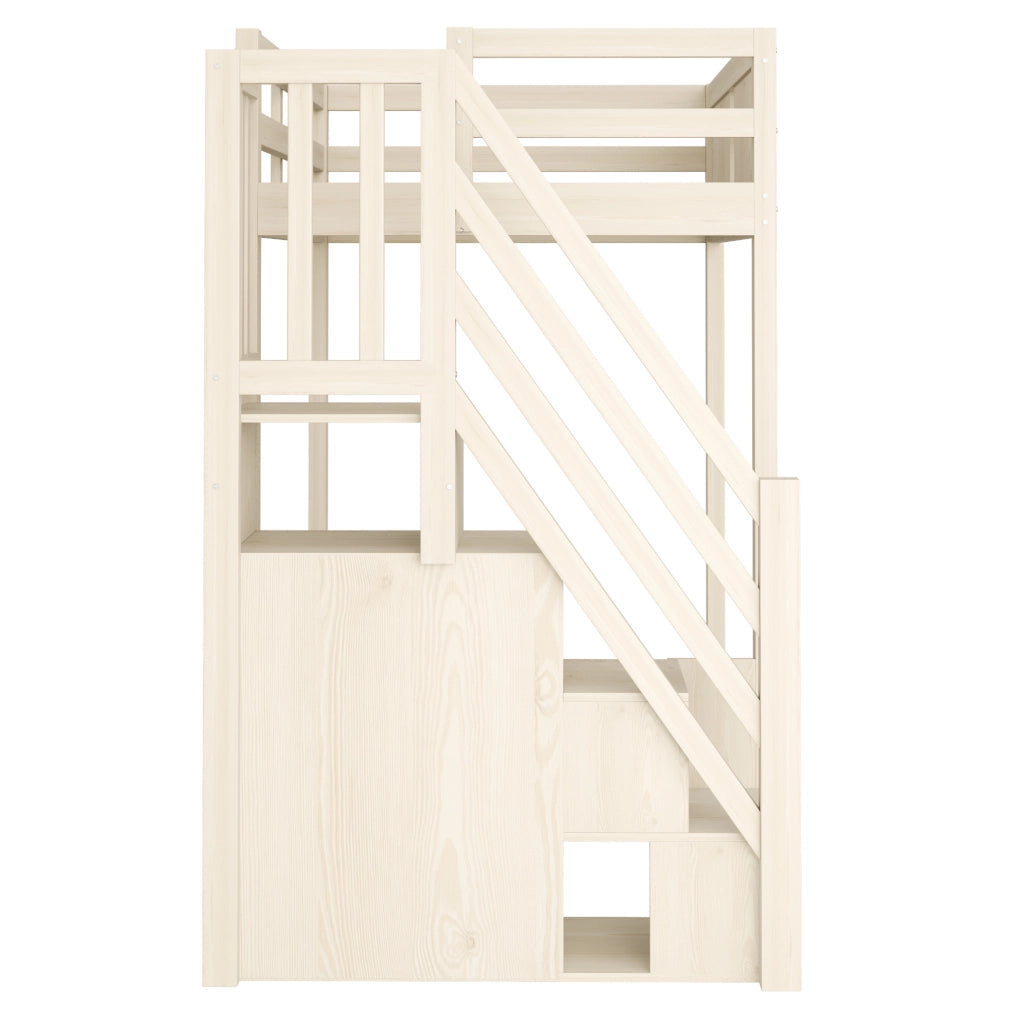 Letto a soppalco in legno massiccio 90 x 200 cm con scala di sicurezza reversibile e spazio multifunzionale