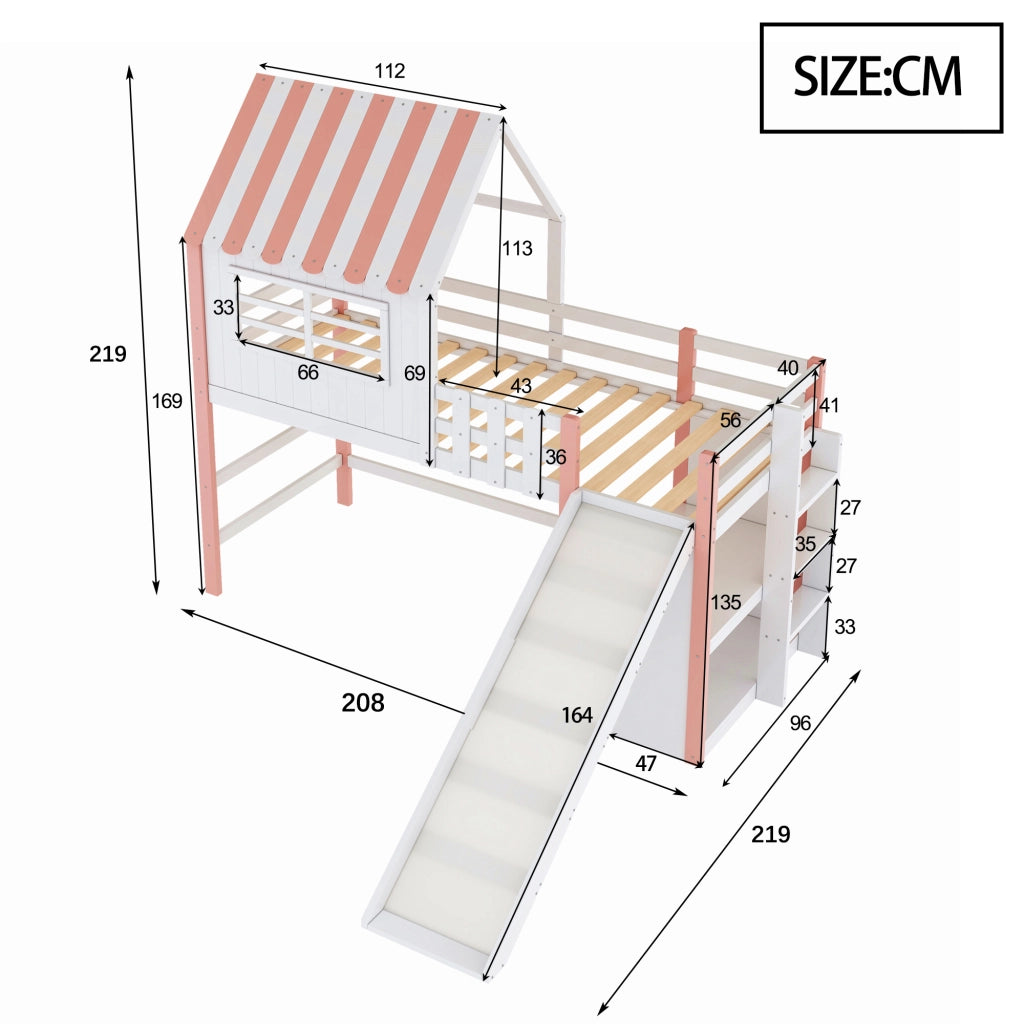 Letto a soppalco per bambini 90 × 200 cm con scivolo lungo scala di sicurezza ripiani in legno pino rosa
