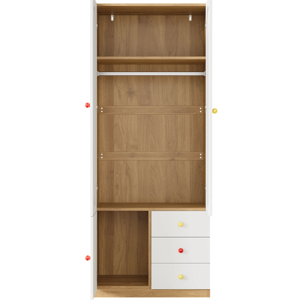 Armadio a 2 ante e scaffale con cassetti, bianco e color legno