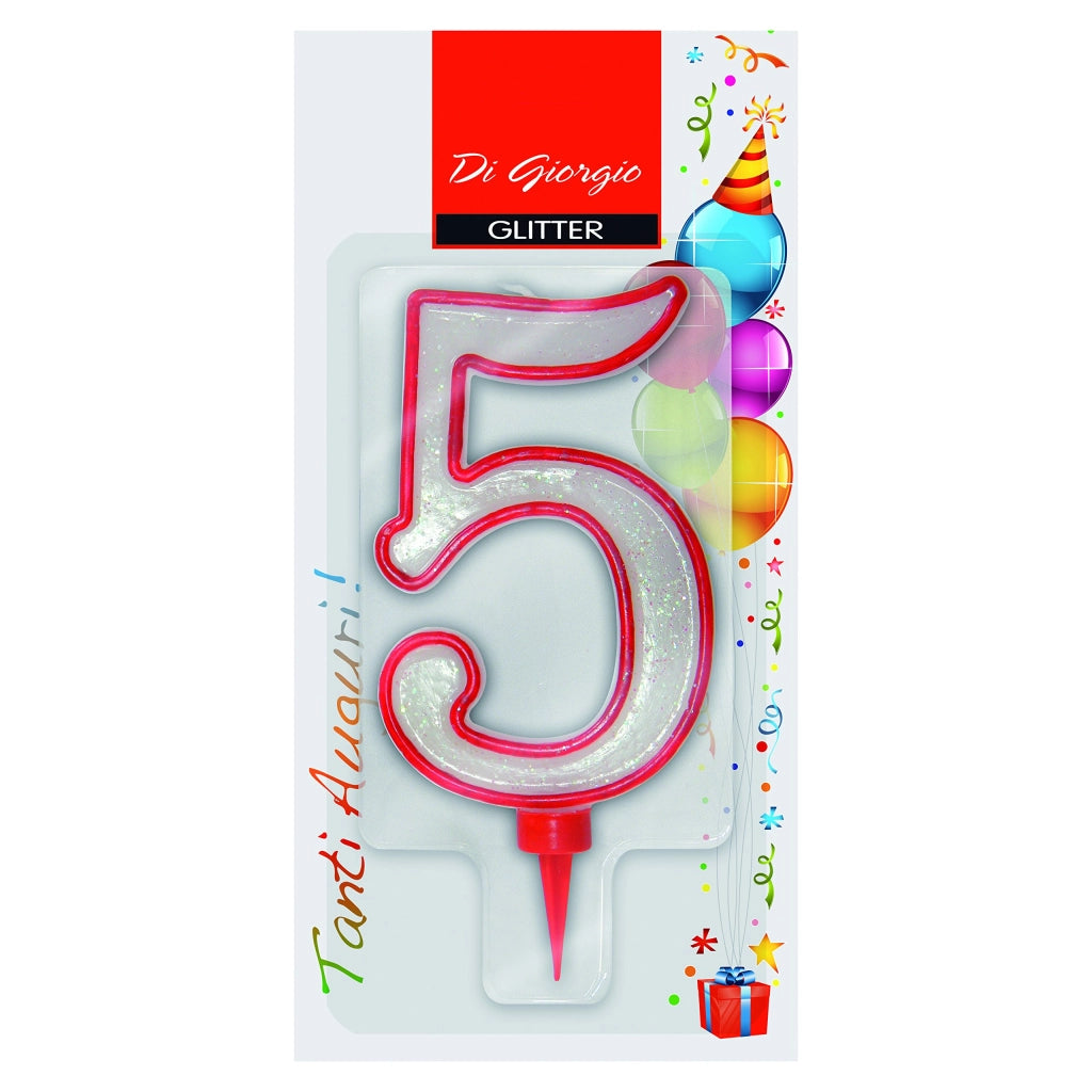 Candelina per torta a forma del numero 5, con glitter, 11 cm, bianca e rossa