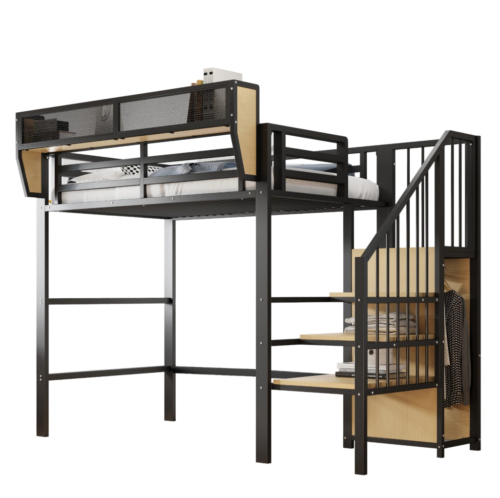Letto a soppalco in metallo 90x200 cm con scala di sicurezza e ripiano modulabile, colore nero