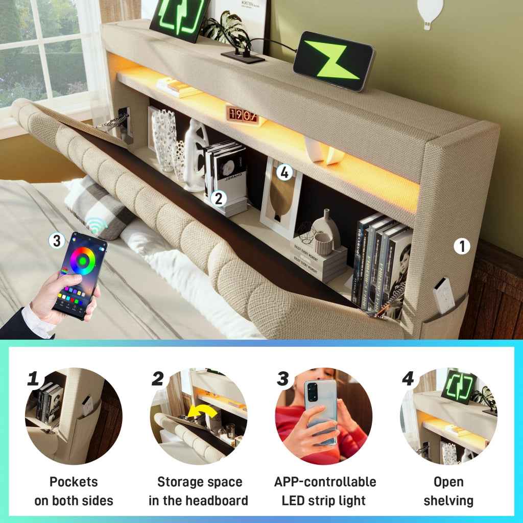 Letto contenitore 180 × 200 cm con testiera in lino USB Type-C LED ripiano e vano idraulico beige