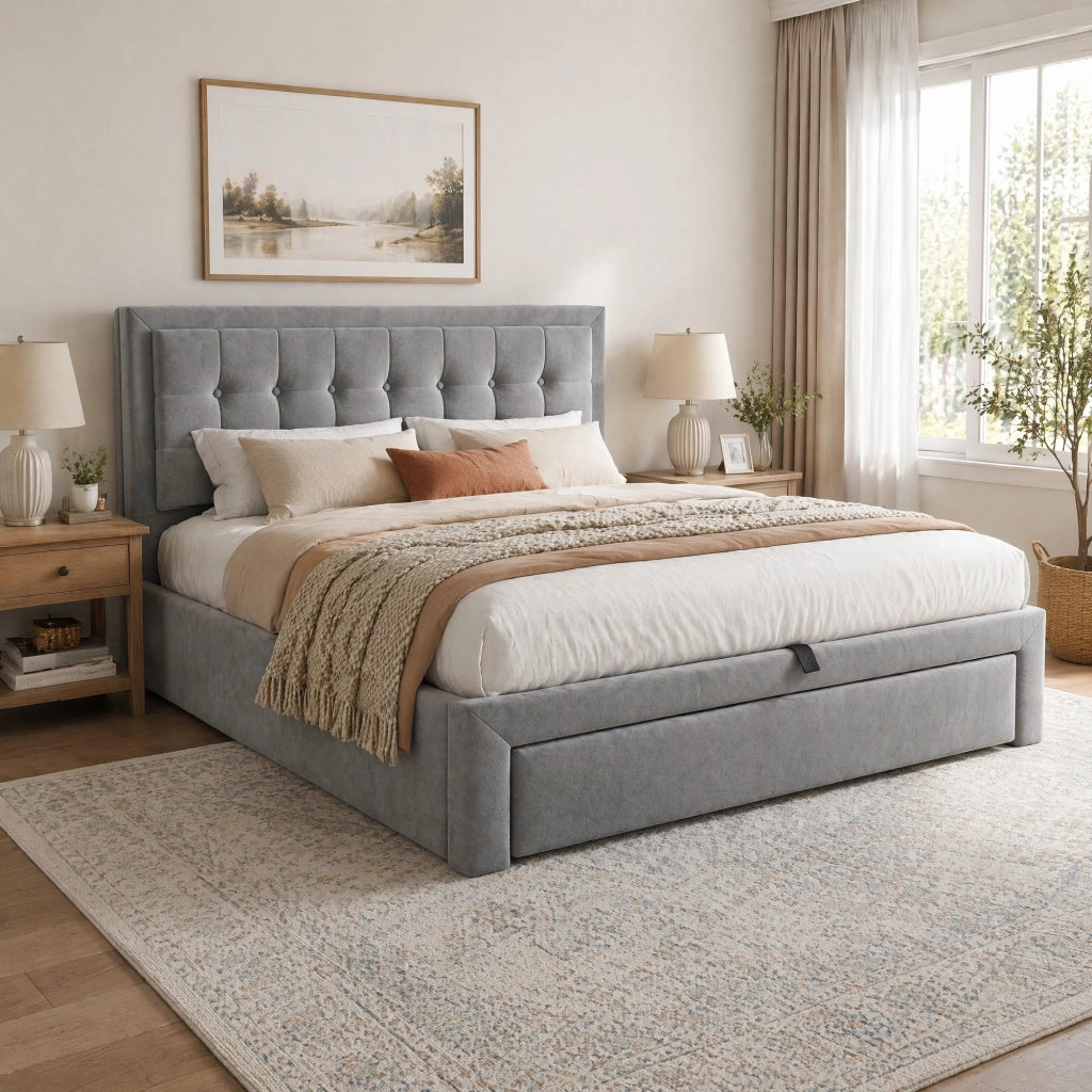 Letto contenitore 140 × 190 cm con testiera regolabile; velluto grigio