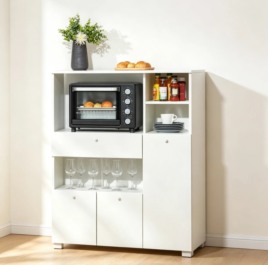 Mobile da cucina bianco con cassetto, ante e vani aperti
