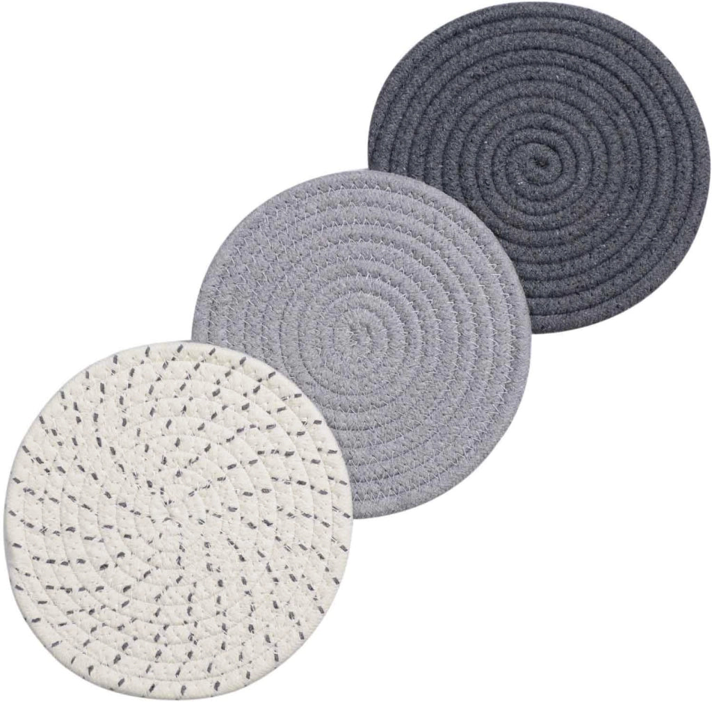Set di 3 sottobicchieri intrecciati in filato di cotone, color grigio, diametro 17,8 cm