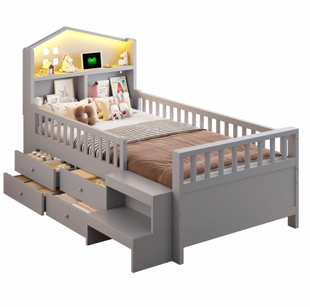 Letto per bambini ULEVR 90x200 cm a casetta con 4 cassetti, scale, LED, USB e Type-C, grigio