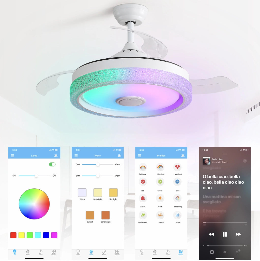 Ventilatore da soffitto a incasso 42 pollici con LED RGB; Bluetooth e telecomando; bianco