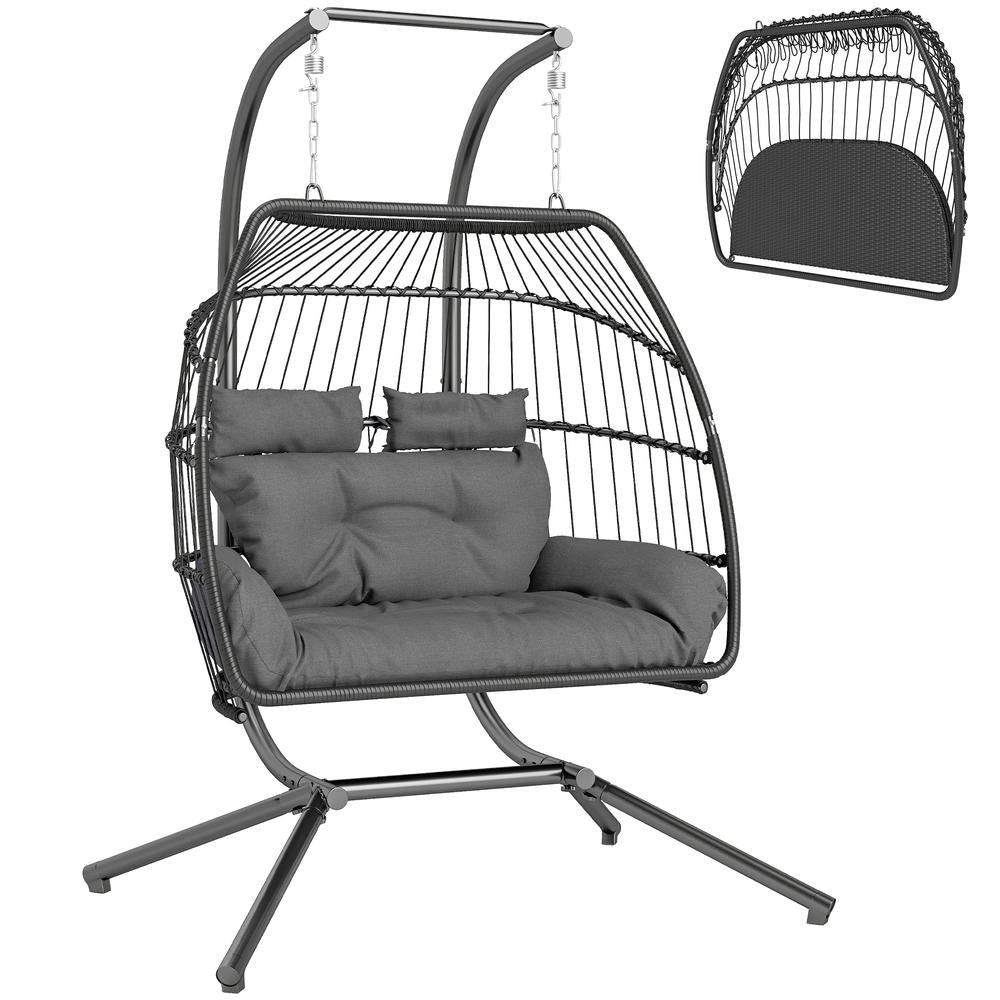 Poltrona Sospesa Pieghevole 2 Posti in Polyrattan e Acciaio con Cuscino, Grigio Scuro, Portata 260 kg, per Casa e Giardino