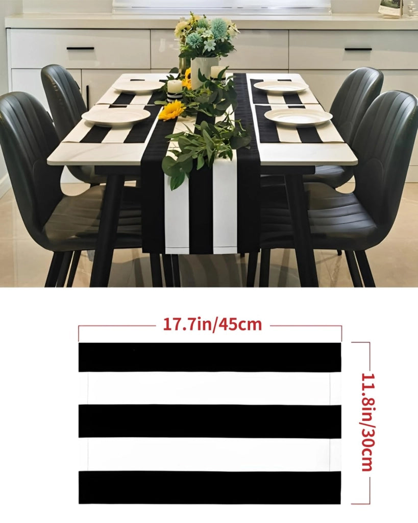 Set di 4 sottopiatti, cotone e lino, 45x30 cm, a righe bianche e nere