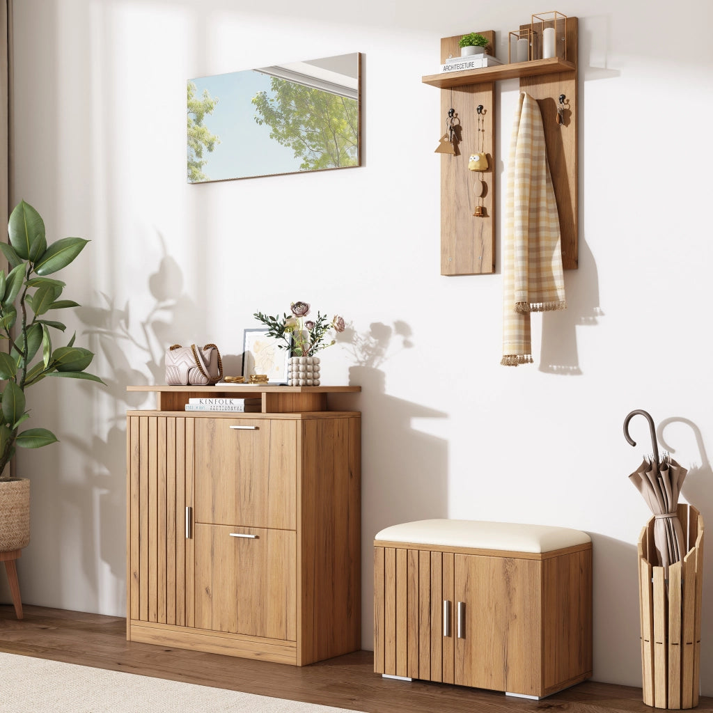 Mobile da ingresso 140 × 35 × 133 cm con scarpiera panca specchio e 4 ganci in pannello di particelle naturale