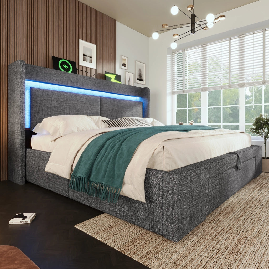 Letto matrimoniale 160 × 200 cm contenitore idraulico in lino grigio con LED USB e USB-C testiera con vani