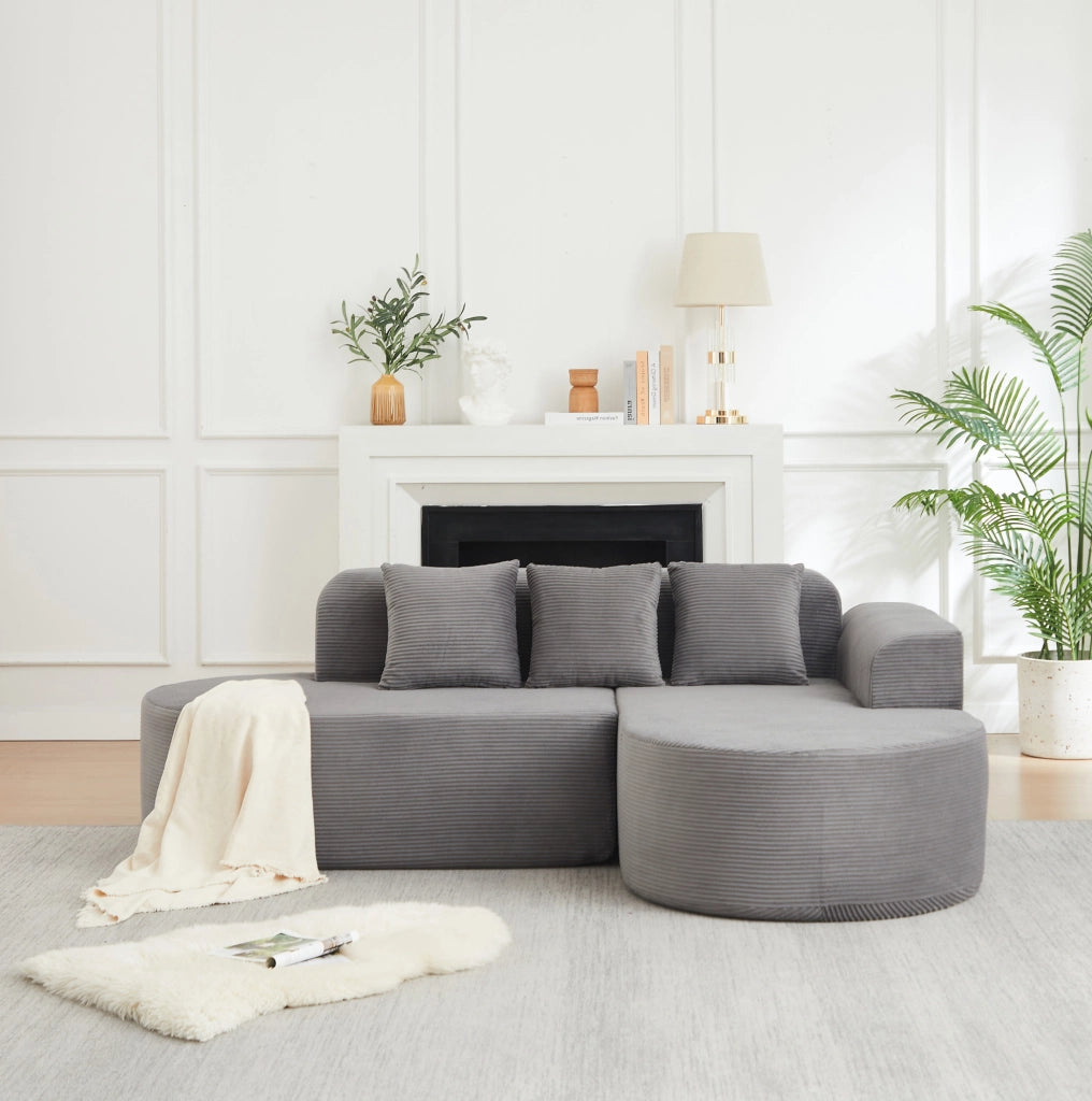 Divano a L modulare in velluto a coste grigio, 220 × 155 × 70 cm
