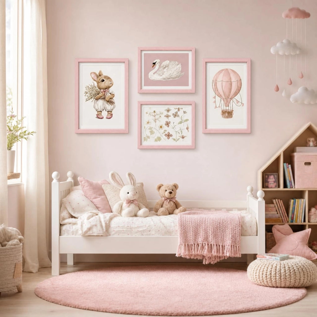 4 stampe artistiche per bambini – conigli, fiori, cigni, mongolfiera – formato A4