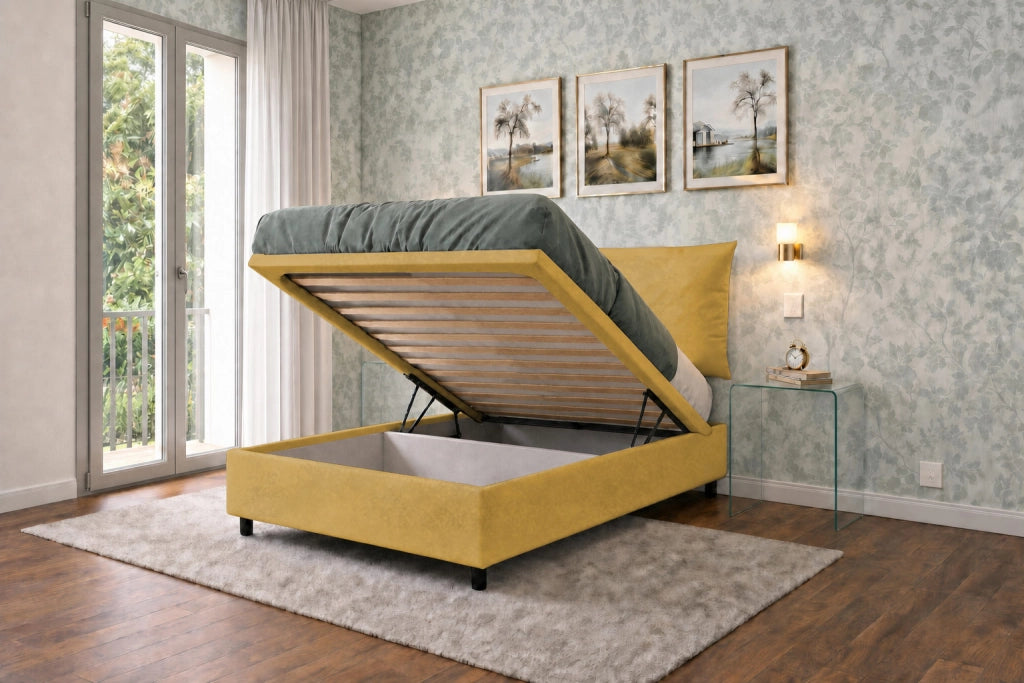 Letto Singolo Contenitore Imbottito 80x200 cm Microfibra Ocra BoxMax Testata Soft