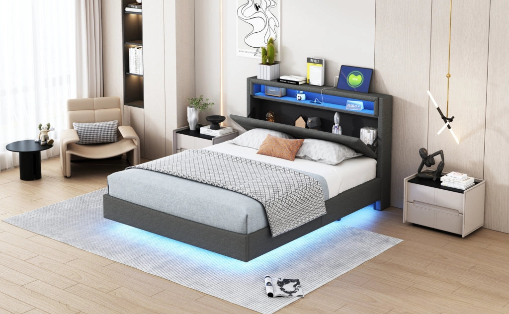 Letto imbottito 140x200 cm con USB, luci LED multicolore e testiera girevole in lino grigio