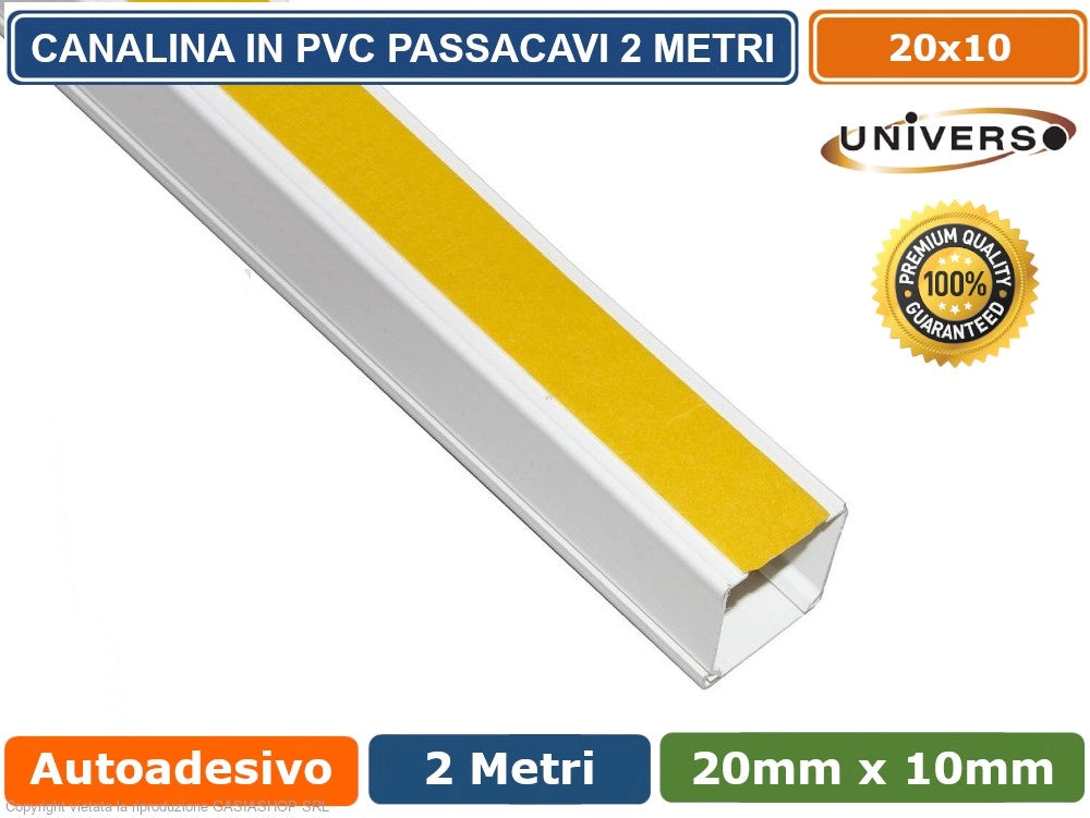 10 PEZZI CANALINA PASSACAVI CON BIADESIVO IN PVC DI COLORE BIANCO LUNGHEZZA 2 METRI 20X10MM