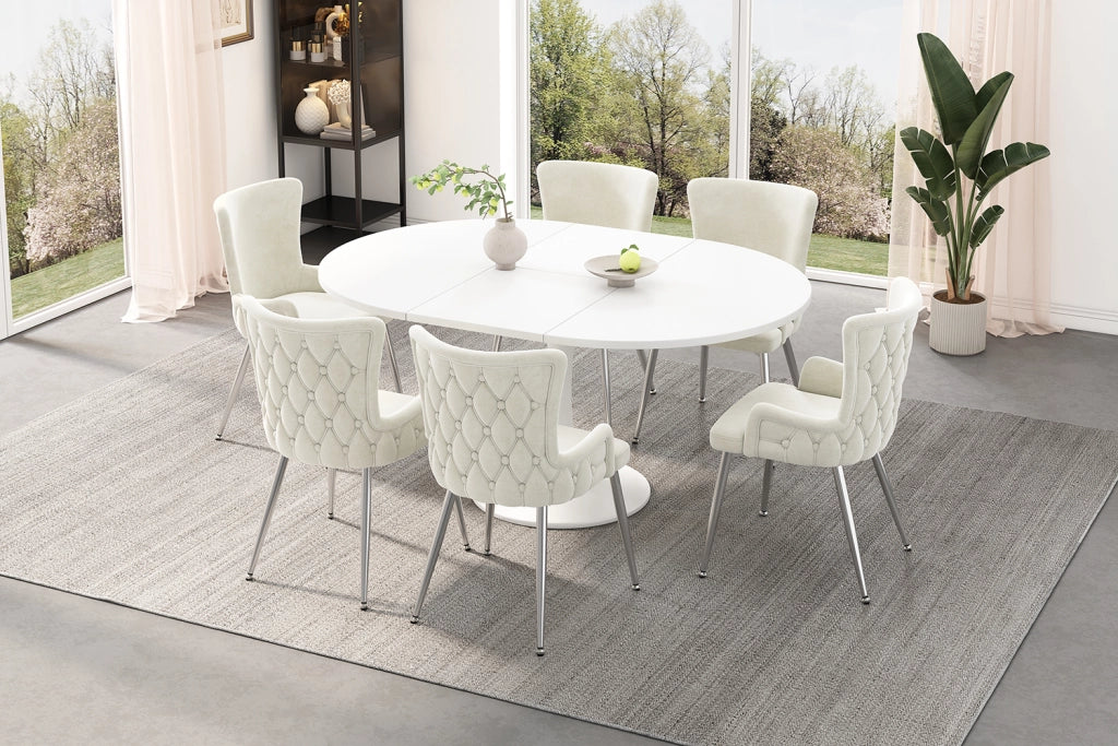 Sedie da pranzo in velluto con gambe in metallo beige e argento set di 6 per sala da pranzo soggiorno o camera