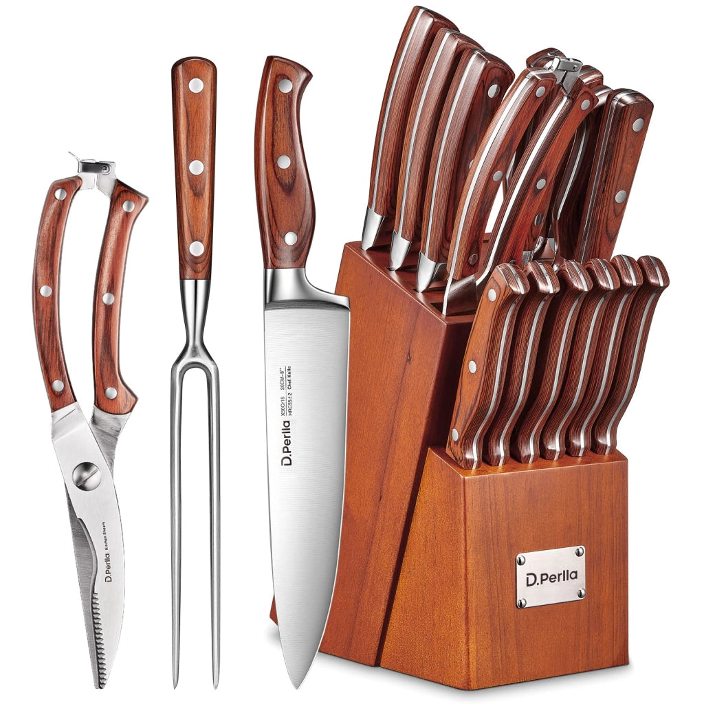 Set di coltelli da cucina in acciaio inossidabile con manico in legno, composto da 16 pezzi
