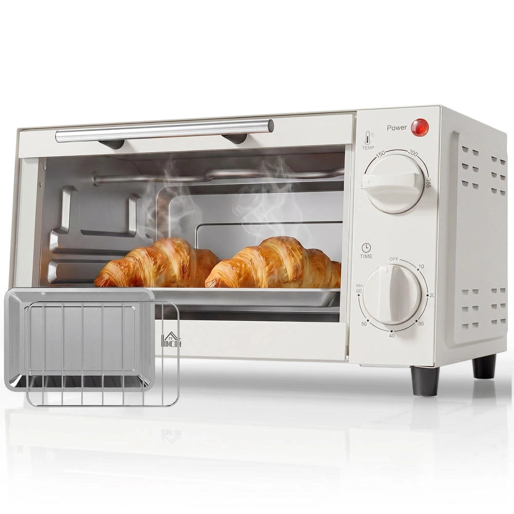 Mini Forno Elettrico 9L in Acciaio Inox Bianco Crema, Fornetto Compatto Salvaspazio con Teglia e Griglia per Casa