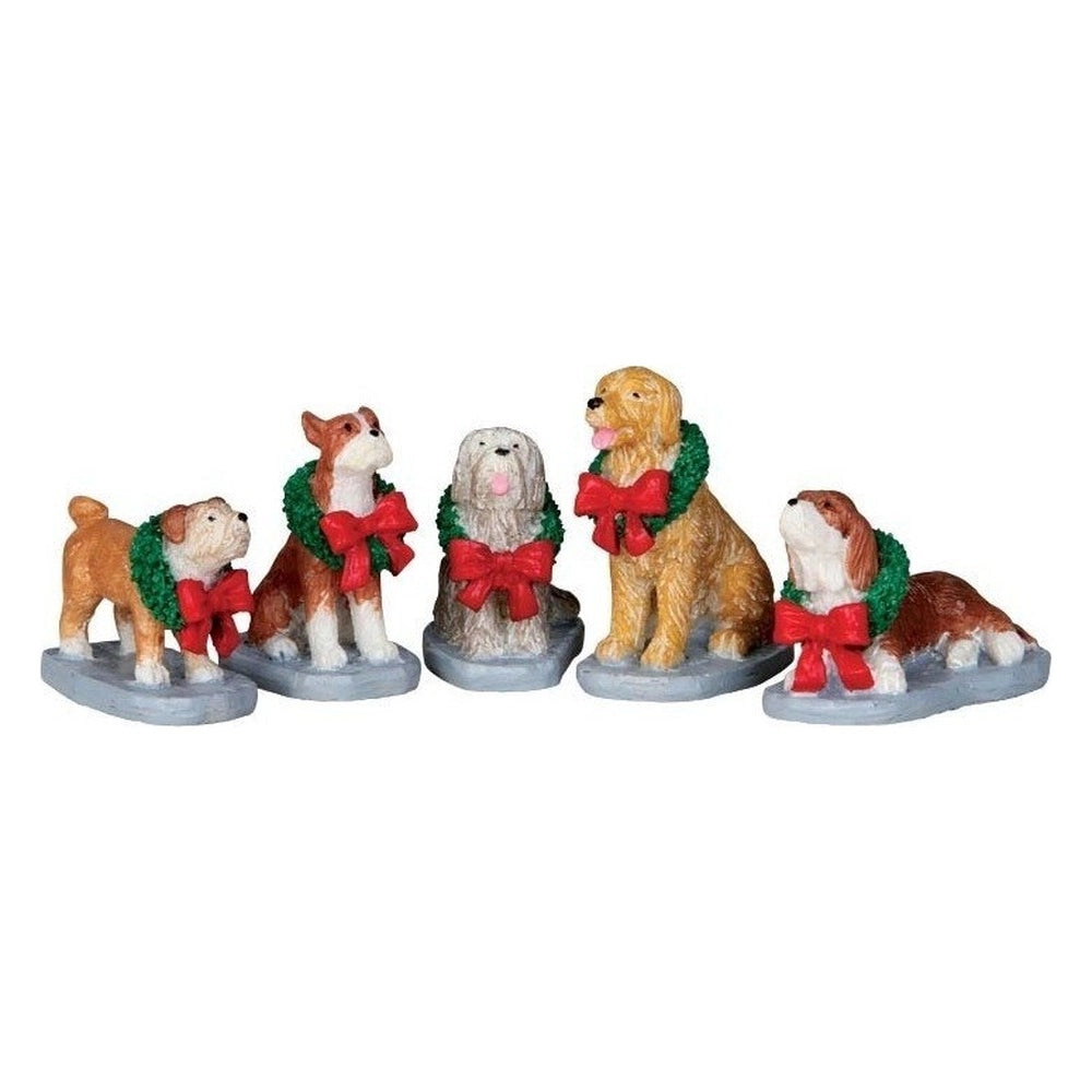 Set 5 cani con abbigliamento natalizio per villaggio di natale lemax