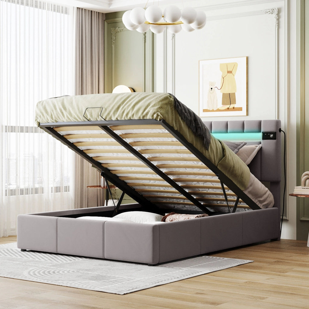 Letto matrimoniale con contenitore idraulico; LED; Bluetooth e USB; grigio