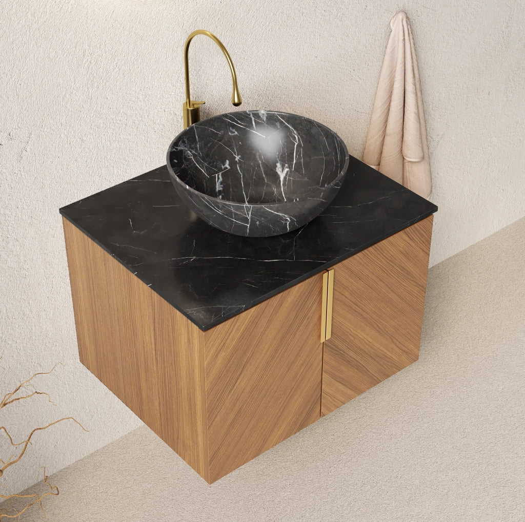 Mobile bagno ULEVR con lavabo da appoggio in ceramica nera, piano in pietra sinterizzata e 2 ante con chiusura ammortizzata