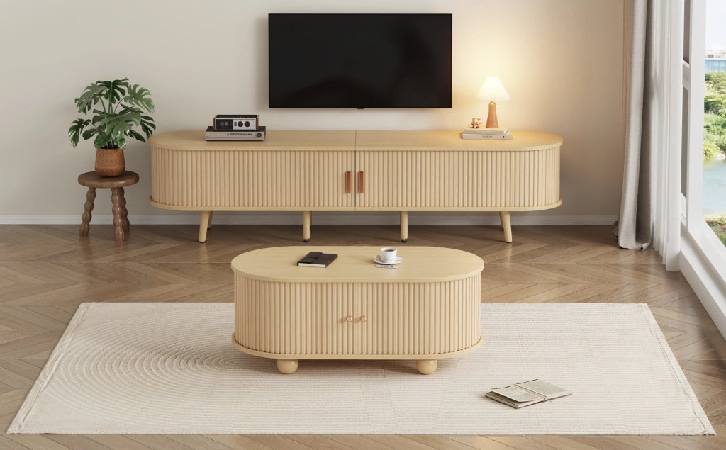 Set mobile TV e tavolino da salotto IVMEU, 170 e 100 cm, con cassetti e vani aperti, MDF color noce chiaro