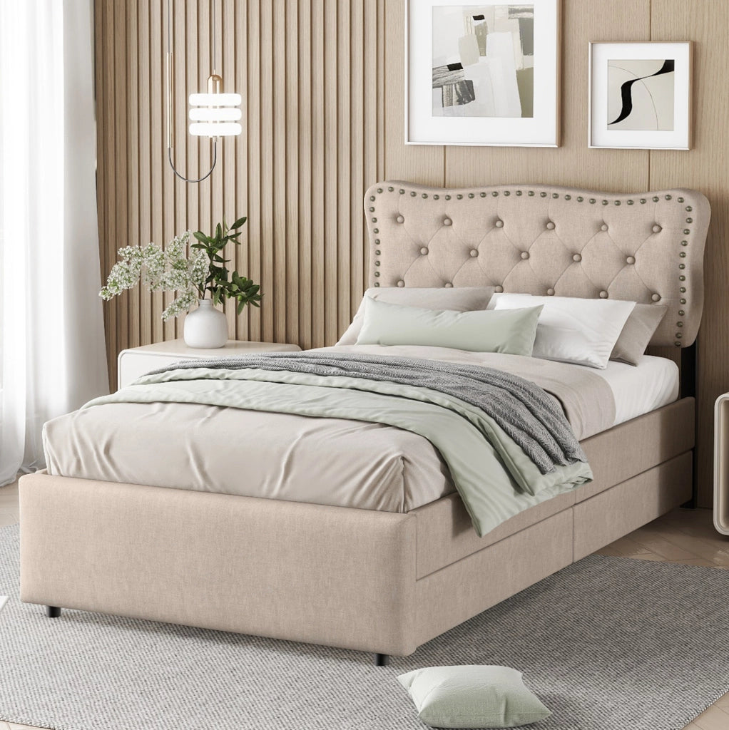 Letto imbottito 90 × 200 cm con 2 cassetti; MDF e lino; beige marrone