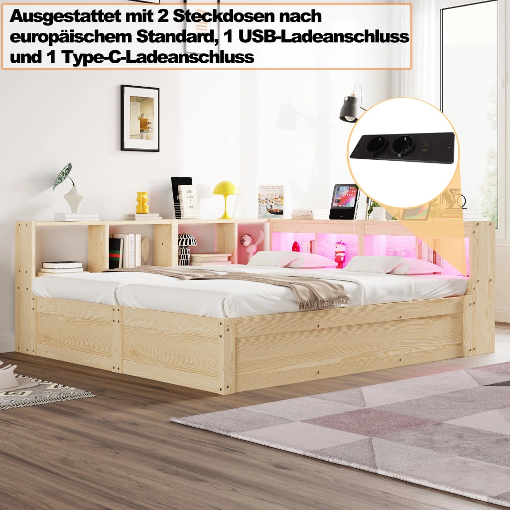 Letto matrimoniale multifunzionale con vano contenitore idraulico LED e prese integrate in legno naturale
