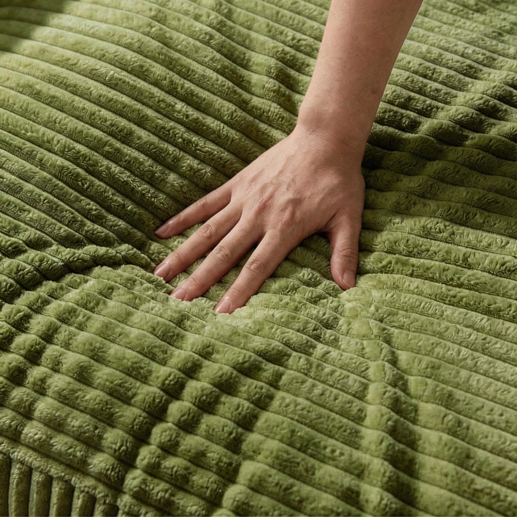 Divano modulare a L con chaise longue in velluto a coste verde
