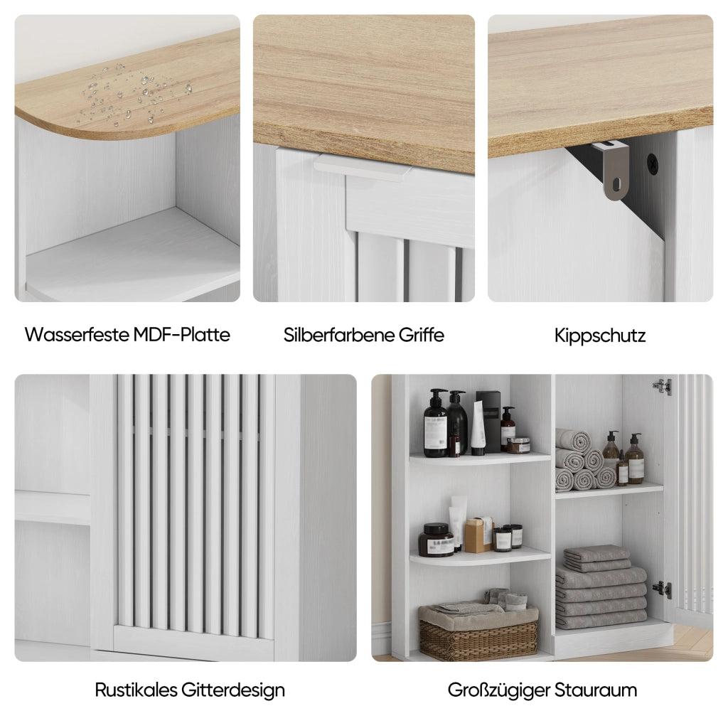 Mobile da bagno ad angolo 68 × 25 × 76 cm bianco e rovere con 3 ripiani aperti ante a griglia e ripiani regolabili