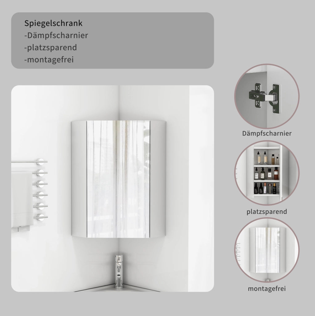 Mobiletto Specchio Angolare da Parete Bianco con Tre Specchi e Mensole Integrate, Pronto per il Montaggio