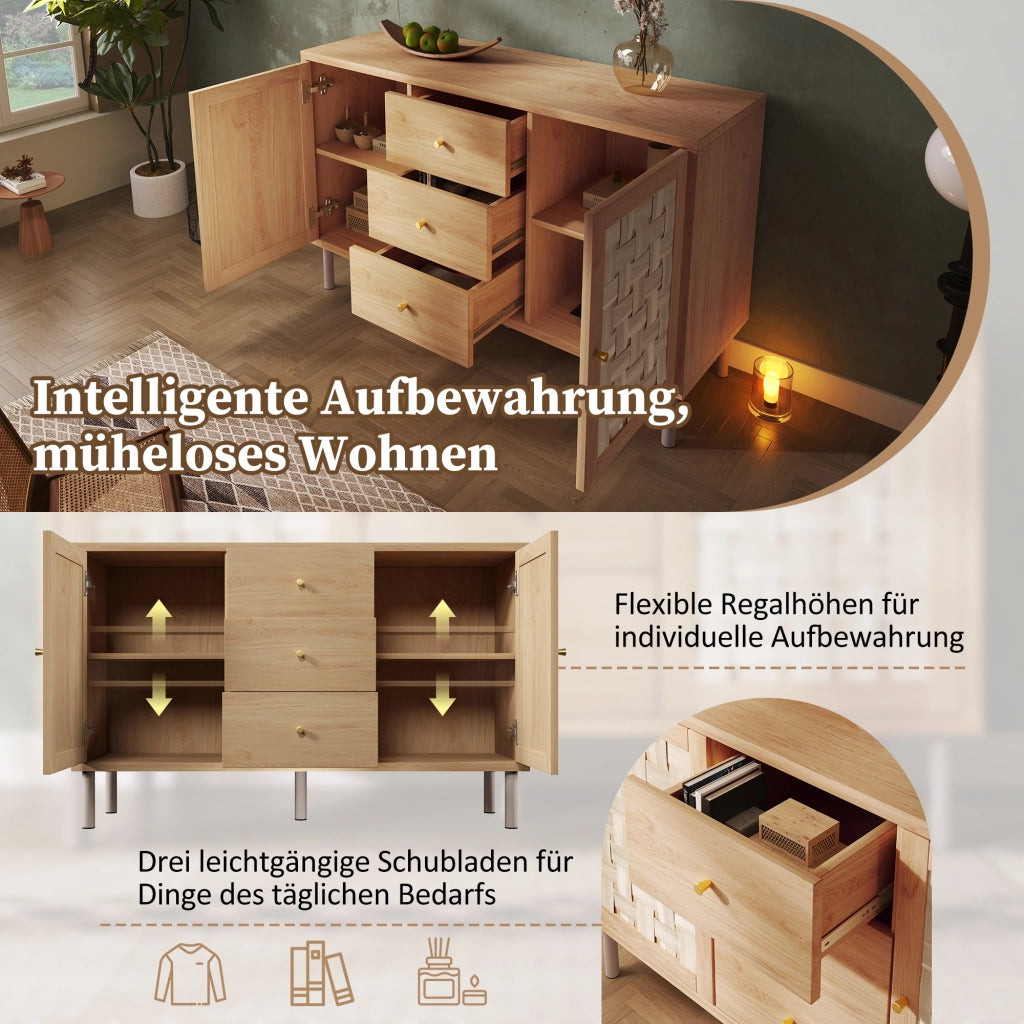 Credenza 120 × 40 × 75 cm in MDF color rovere con 2 ante 3 cassetti ripiani regolabili gambe in metallo