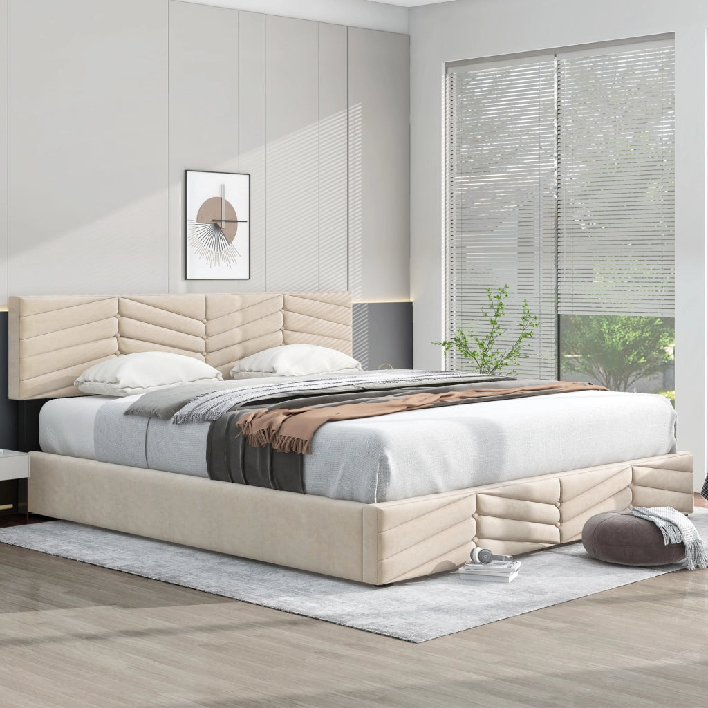Letto matrimoniale contenitore 160 × 200 cm in velluto beige con testiera regolabile e sollevamento idraulico