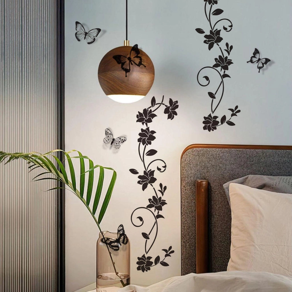 Set di adesivi per pareti: 2 rami di fiori + 18 farfalle, in PVC, colore nero