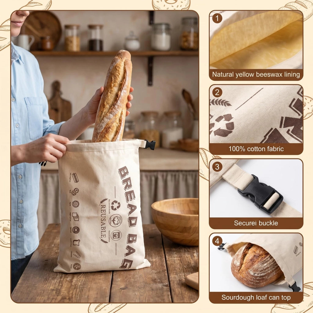 Confezione da 2 sacchetti per il pane in cera d'api, dimensioni 43x32 cm, riutilizzabili