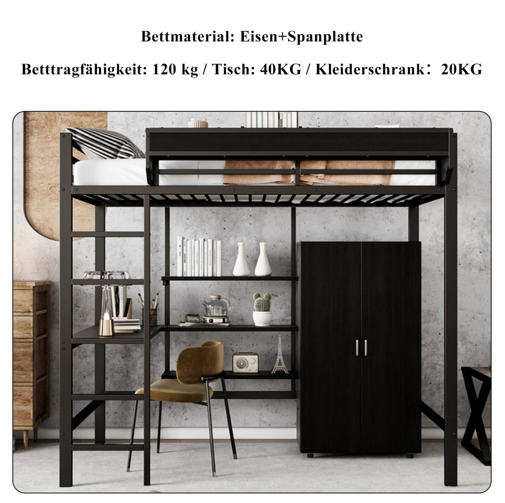 Letto a soppalco 90x200 cm con scrivania e armadio; metallo e truciolare nero