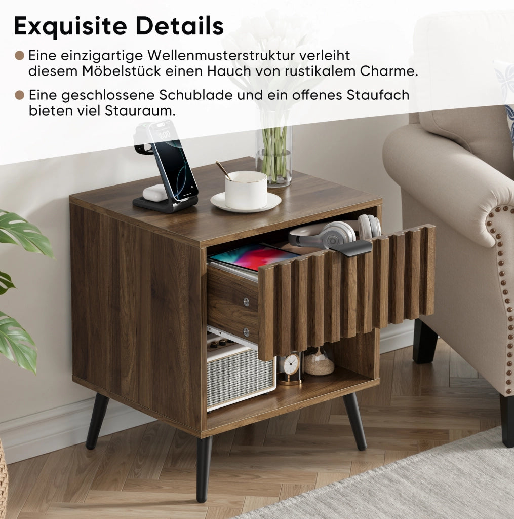 Comodino 45x40x53 cm con cassetto e vano a giorno in MDF; noce e nero