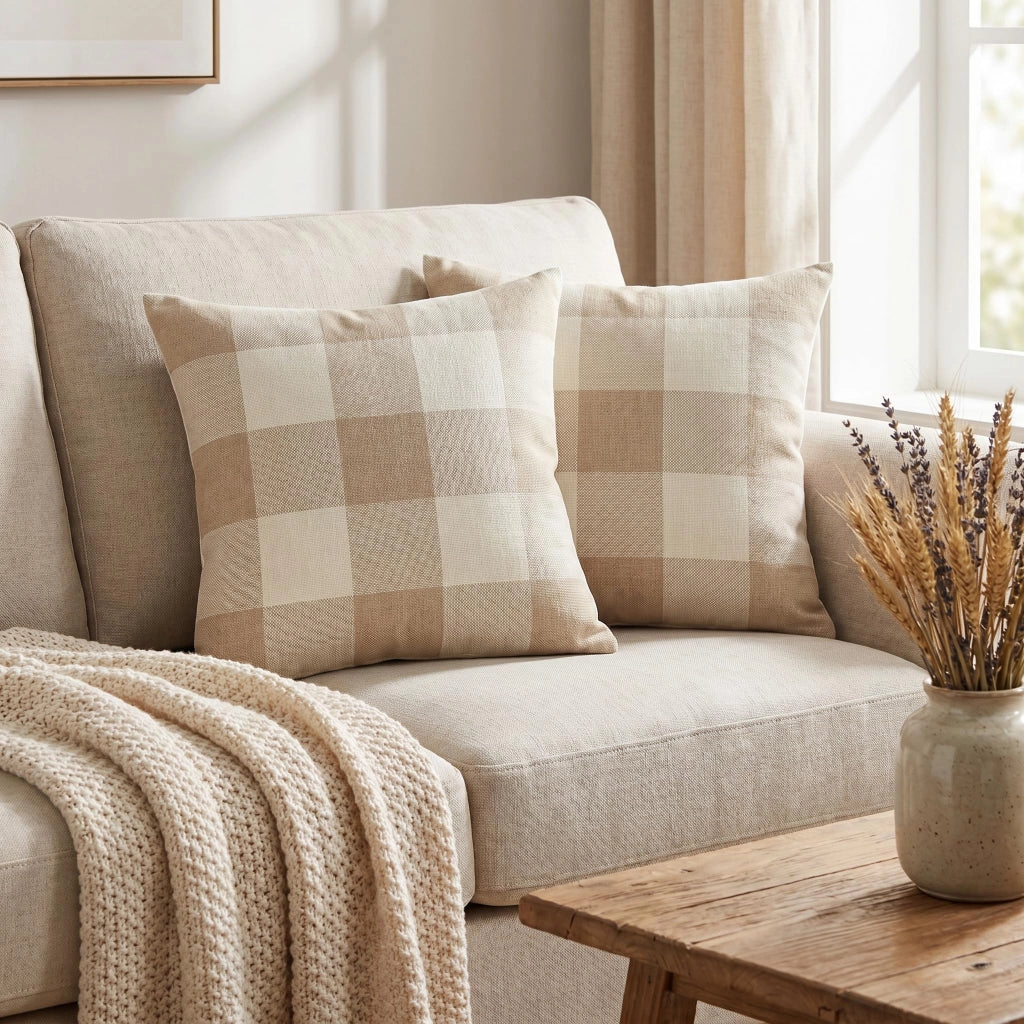 Set di due federe per cuscini, 50x50 cm, beige a quadri