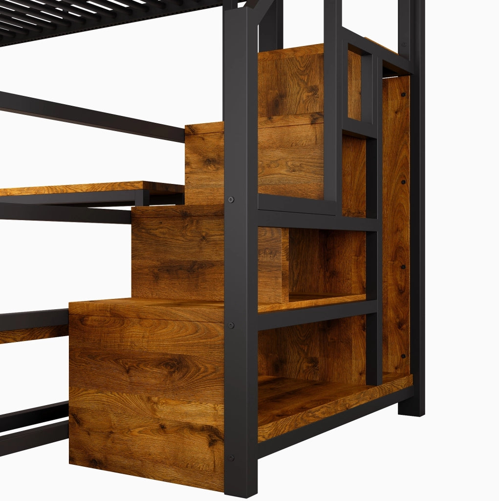 Letto a soppalco 140x200 cm con scrivania, illuminazione LED, USB e USB-C, struttura in metallo nera