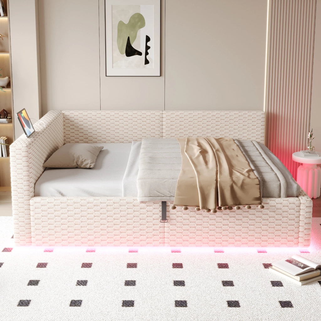 Letto imbottito 140 × 200 cm con contenitore idraulico; testiera a L LED; 2 USB e porta USB-C; velluto beige