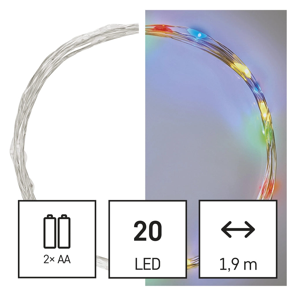 Catena luminosa a LED, lunghezza 1,9 metri, 20 LED, con timer, alimentata a batteria, multicolore