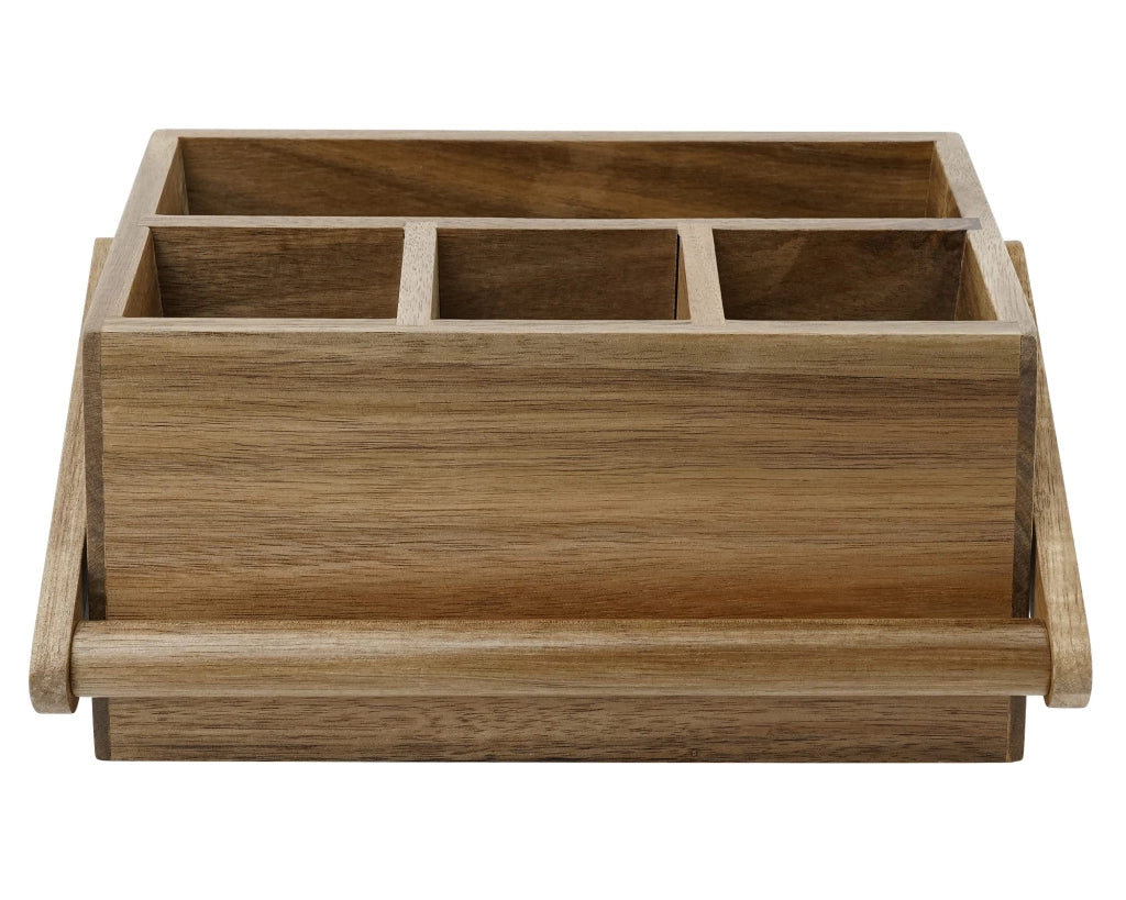 Cestino per posate in legno di acacia con maniglia, 4 scomparti, organizer