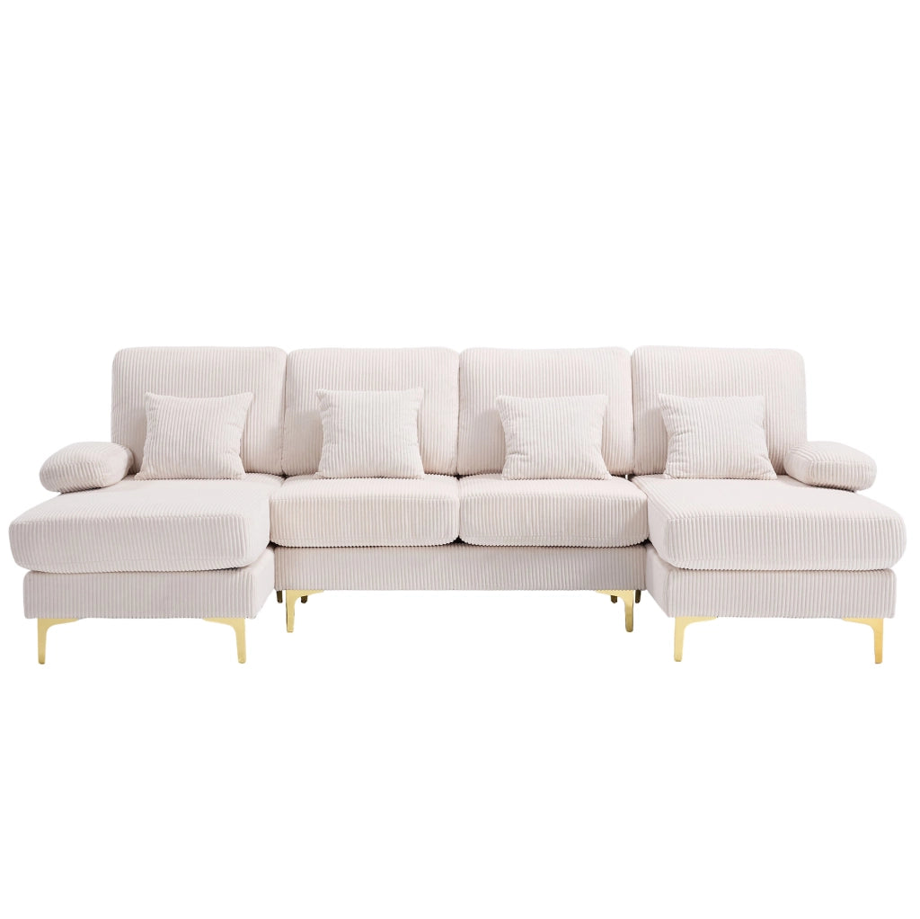 Divano a U 265x135x88 cm in velluto beige con LED e porta USB-C, 4 cuscini