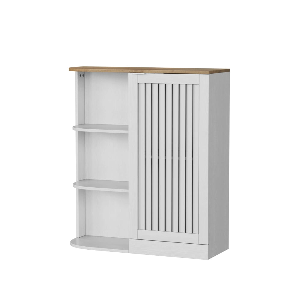 Mobile da bagno ad angolo 68 × 25 × 76 cm bianco e rovere con 3 ripiani aperti ante a griglia e ripiani regolabili
